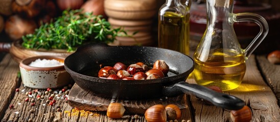 Roasted Chestnuts in Pan with Oil Salt and Pepper on Wooden Table