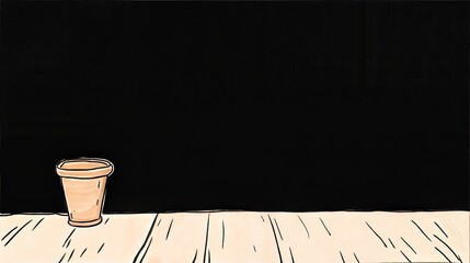 Minimalist Cartoon Coffee Cup on Wooden Table Against Black Background