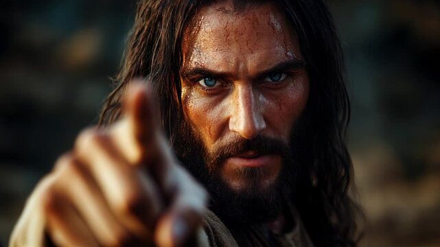 Jesus Christ gestures emphatically, directing his finger toward someone with a message of significance.