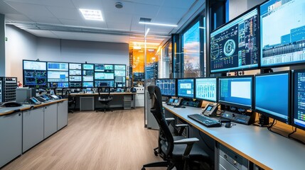 Modern Control Room with Multiple Monitors and Workstations Overlooking Cityscape at Sunset, Demonstrating Advanced Technology and Data Management Systems