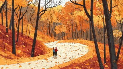 A serene autumn landscape featuring two people walking along a winding path amidst colorful foliage.