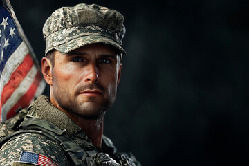 Obraz premium soldier in modern american uniform, with the flag of USA