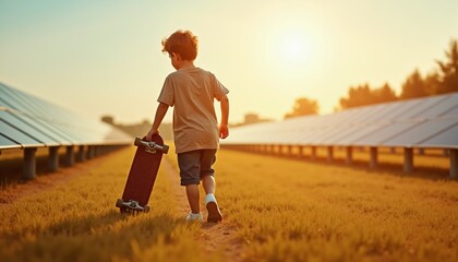 Young boy skateboards through solar panel field at sunset promoting sustainable energy for the future