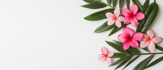 Fototapeta premium Bright Pink Tropical Flowers with Green Foliage on Plain White Background