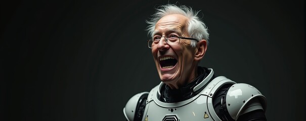 Elderly man in futuristic armor expresses joy in a studio setting with solid color background