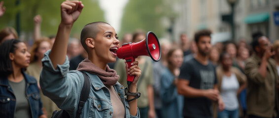 Young Woman Activist Passionately Rallies Crowd Using Megaphone in City