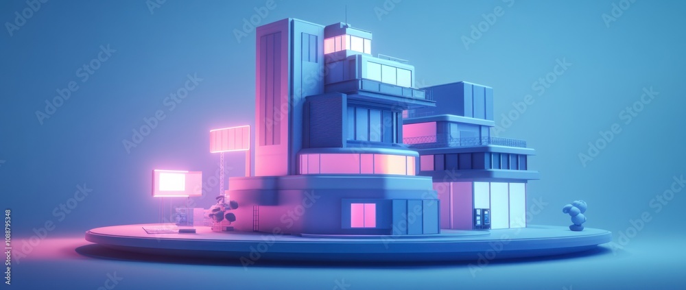 Poster a stylized, futuristic building model with neon lighting and geometric shapes.