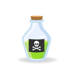 Magic poison potion. Alchemist bottle with elixir, poison, antidote. Vector illustration magical laboratory ingredients in bottle for poisoning