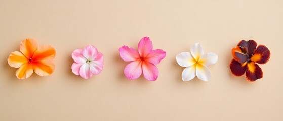 Obraz premium Symmetrical Arrangement of Vibrant Tropical Flowers on Neutral Background