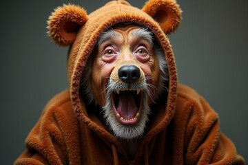 Elderly man in bear costume expresses joy with wide smile and roaring sound in a close-up shot indoors