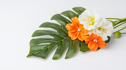 Bright Tropical Flowers with Monstera Leaf Shadow in Minimalist Lighting