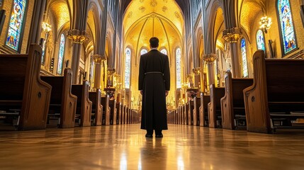 A man stands in a large church with many pews