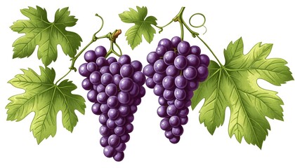 Fototapeta premium Ripe purple grapes on vine with green leaves detailed botanical art