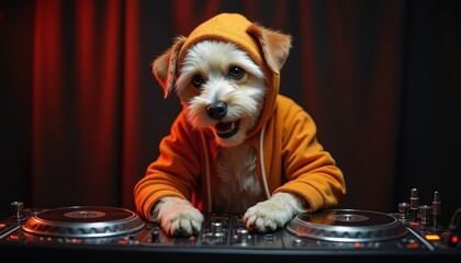 DJ dog brings energy to rave party with vibrant beats and colorful atmosphere