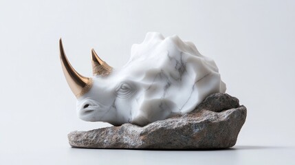 A stylized sculpture of a rhinoceros head with gold accents on a textured base.