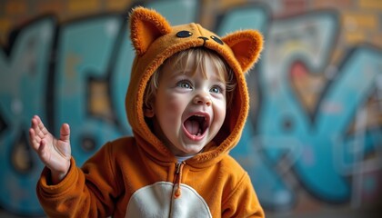 Excited child wearing a playful animal hoodie enjoys a carefree moment in front of a vibrant urban mural this sunny day