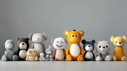 A Row of Adorable Plush Animal Toys on a Gray Background