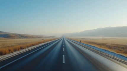 Naklejka premium Expansive Open Road Leading into the Horizon with Clear Blue Sky and Lush Green Fields in the Background on a Tranquil Day