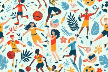 Vibrant and Colorful Pattern Featuring Children Engaged in Various Sports Activities Surrounded by Floral Elements and Playful Icons