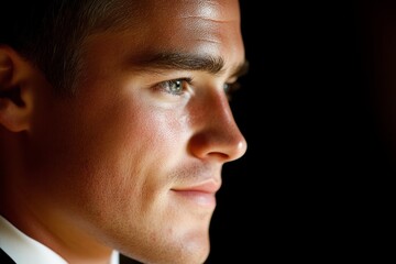 Obraz premium Confident young man displaying focused expression in soft light during an intimate moment of reflection