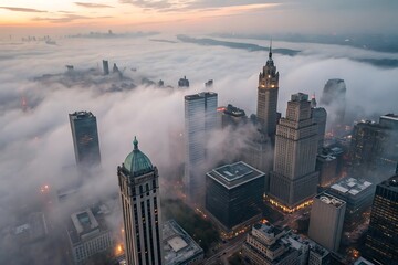 Naklejka premium Abstract fog snow cityscape enveloped by clouds, Birdâ€™s eye view of city skyscrapers piercing through swirling clouds, AI Generated