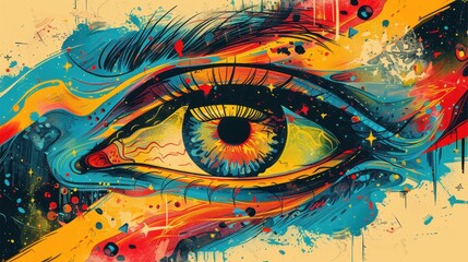 Obraz premium Vibrant and Abstract Eye Illustration with Colorful Brush Strokes, Detailed Patterns, and Artistic Flair Ideal for Creative and Artistic Projects