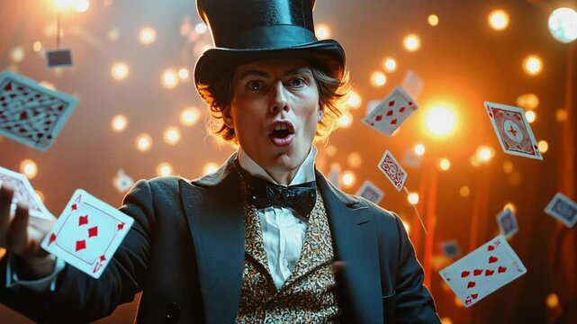 Magician performing a card trick under stage lights