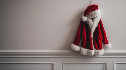 Fototapeta premium A Santa suit and hat hang on the wall.