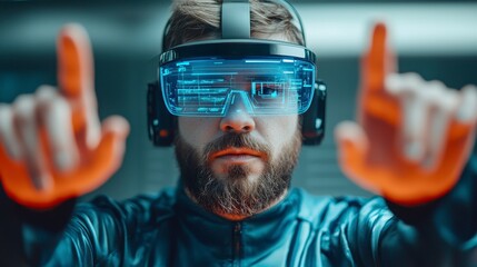 A man wearing futuristic VR goggles and gloves is engaged in a virtual environment, showcasing advanced technology and immersive experiences.