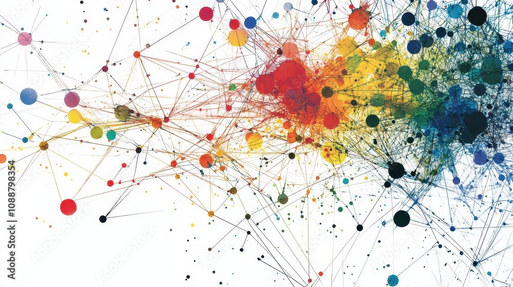 Poster abstract colorful background with dots and lines representing data connections and network visualiza