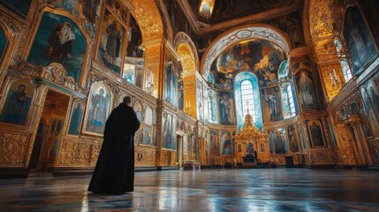 Fototapeta premium A man stands in a large room with gold and blue decorations
