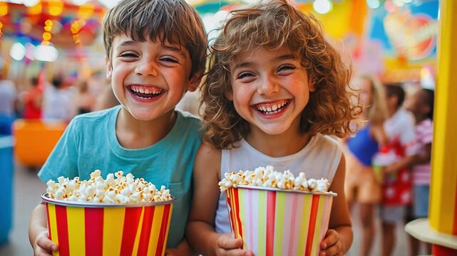 Happy children eating popcorn at amusement park