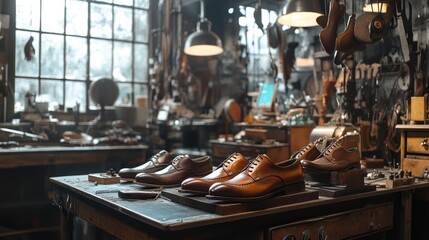 Handmade leather shoes in workshop.