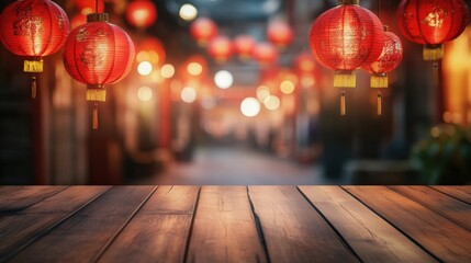 Vibrant street with glowing lanterns creating a festive atmosphere at night.