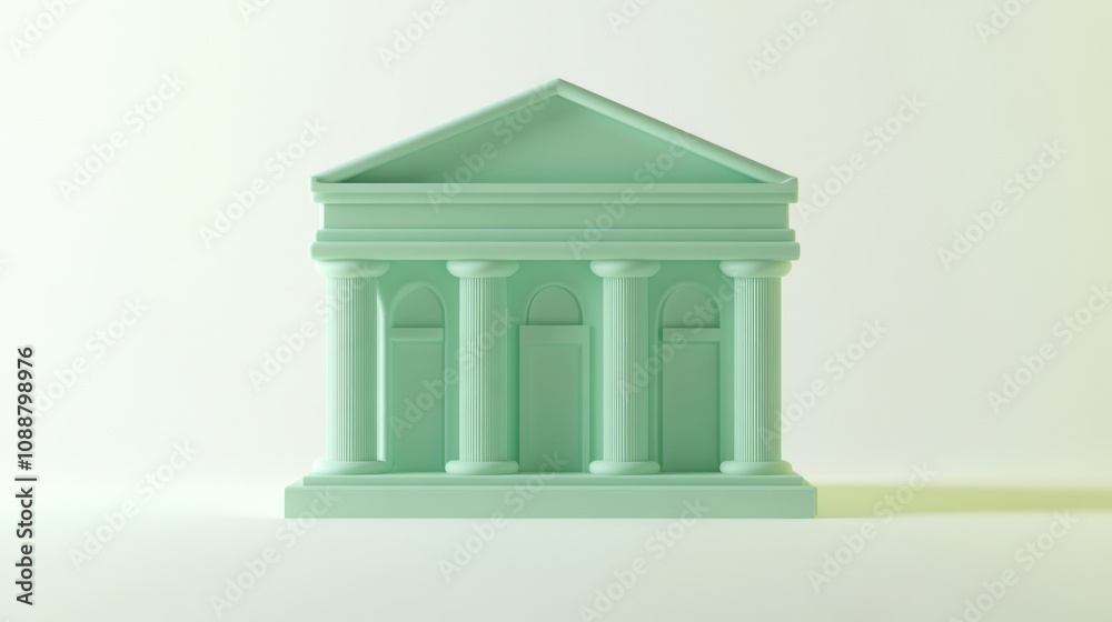 Poster A minimalist architectural model of a classical building with columns and a triangular roof.