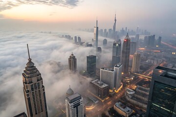 Naklejka premium Abstract fog snow cityscape enveloped by clouds, Birdâ€™s eye view of city skyscrapers piercing through swirling clouds, AI Generated