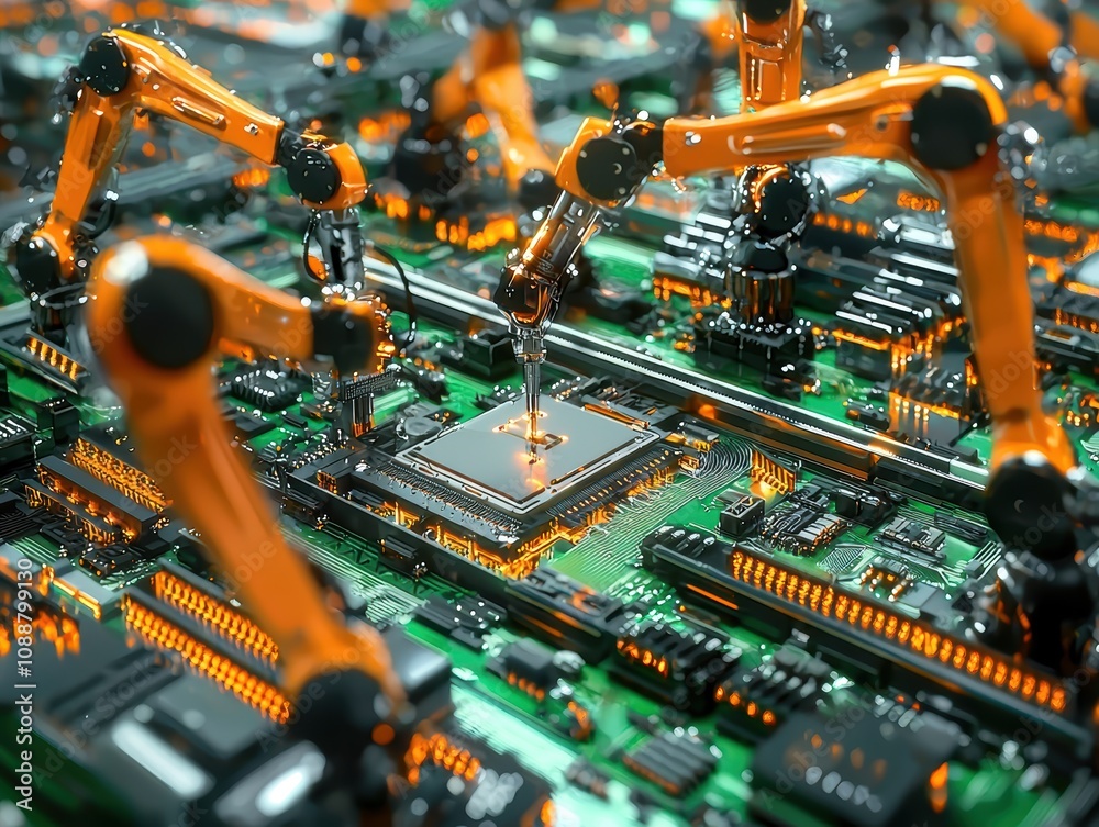 Poster advanced robotic arms assembling microchips on a circuit board in a high-tech environment showcasing