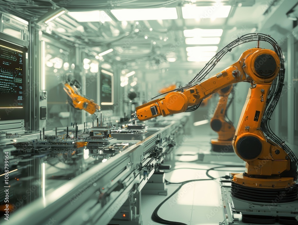Poster futuristic robotics factory with advanced robotic arms operating on assembly line in high-tech indus