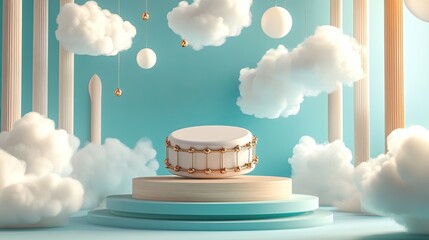 White drum on pastel platform with clouds & bells.