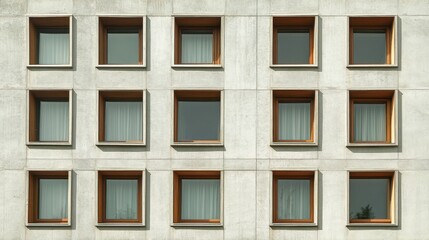 Modern Architectural Design Featuring Symmetrical Windows with Wooden Frames and Glass Panes on a Concrete Wall in Urban Environment