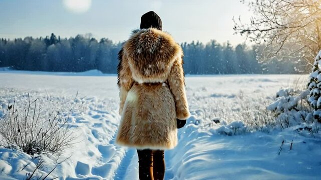 Woman walking in snowy field wearing fur coat on sunny winter day