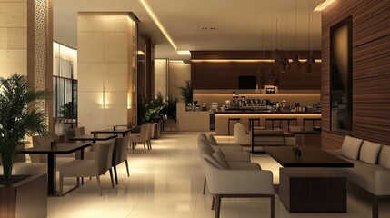 Fototapeta premium Modern hotel lobby cafe with bar, seating, and warm lighting.