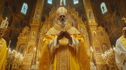 A man in a gold robe stands in front of a church