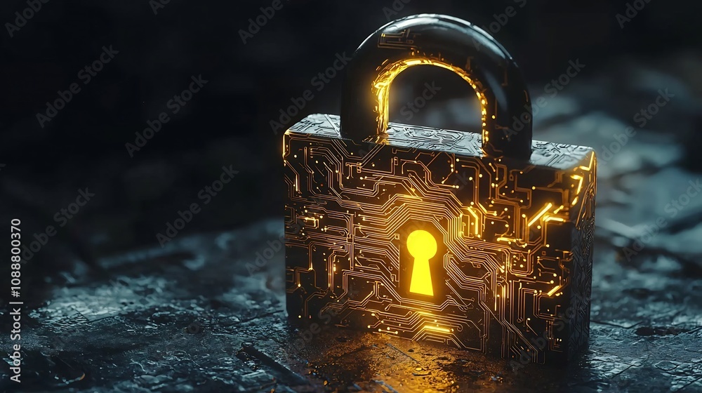 Poster glowing padlock with engraved circuit board patterns digital security and encryption concept