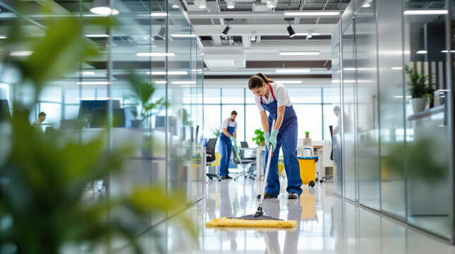 A team of cleaners is busy mopping the floor of a contemporary office during the day, showcasing cleanliness efforts