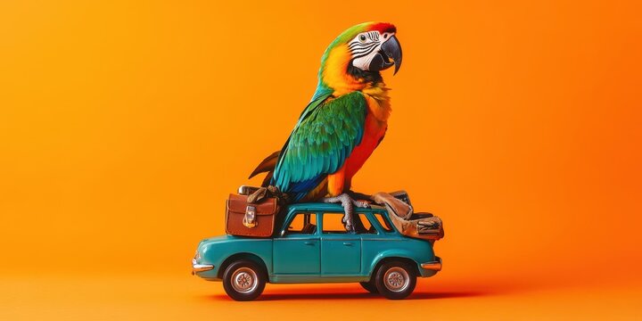 Colorful Parrot with Suitcases Sitting on Toy Car Against Bright Orange Background, Symbolizing Adventure and Travel Excitement for Creative Projects