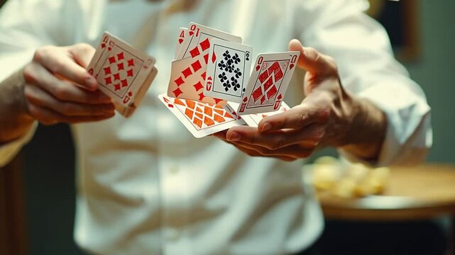 Magician performing card trick with playing cards floating in the air