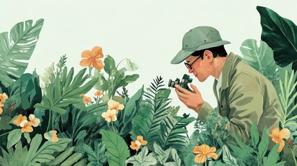 Young Photographer in Nature Capturing Beauty of Tropical Plants and Flowers Amidst Lush Greenery in Serene Outdoor Setting