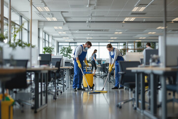 Two professional cleaners use mops and a cart to clean an office space, ensuring a tidy and safe environment
