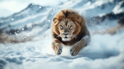 A lion running through a snowy landscape, captured in motion with snowflakes in the air, against a backdrop of snow-covered mountains.